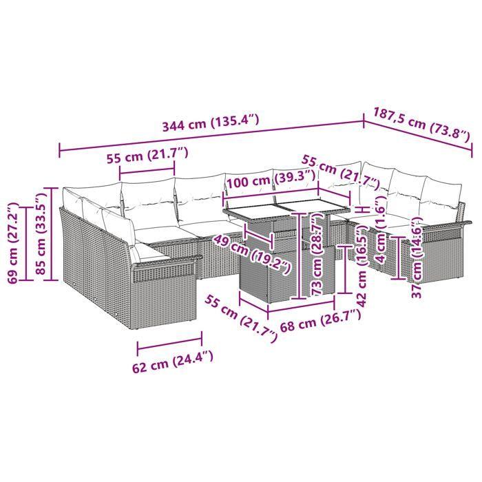 Ensemble de Canapés de Jardin de 11 Pièces avec Coussins Beige Poly Rattan, Canapé de Jardin 2 Places avec Rangement 3357093