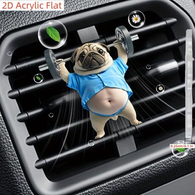 2D Akrylový Plochý Rozkošný Mops Vôňa do Auta Difúzor do Mriežky Ventilácie, Akrylová Dekorácia do Mriežky Ventilácie Auta s Klipom, Dodávané s Dvoma Vonnými Podložkami, Bez Zápachu + Náhodná Vôňa