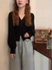 Women's White V-Neck Long-Sleeved Knit Cardigan with Lantern Sleeves - New Korean Autumn/Winter Style