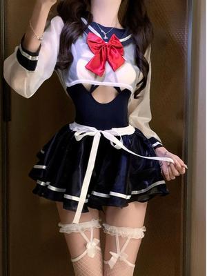 Sexy Long Sleeve See Through College Style Uniform Hollow Out Navy Sailor Cosplay Sweet Sexy Women Mini Dress 8O3F