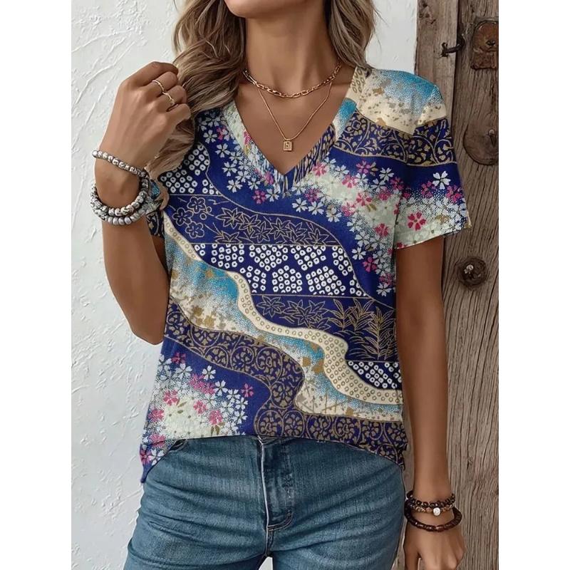 Fashion Women's V-Neck Short Sleeve 3D Flower Color Printing V-Neck Flower Short Sleeve