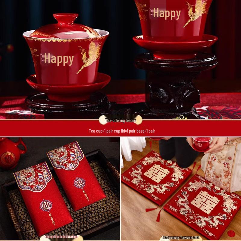 Kneeling Cushions for Wedding Ceremonies: Tea Ceremony, Address Change, Bride with Double Happiness Character, Red Fortune Cushion Set