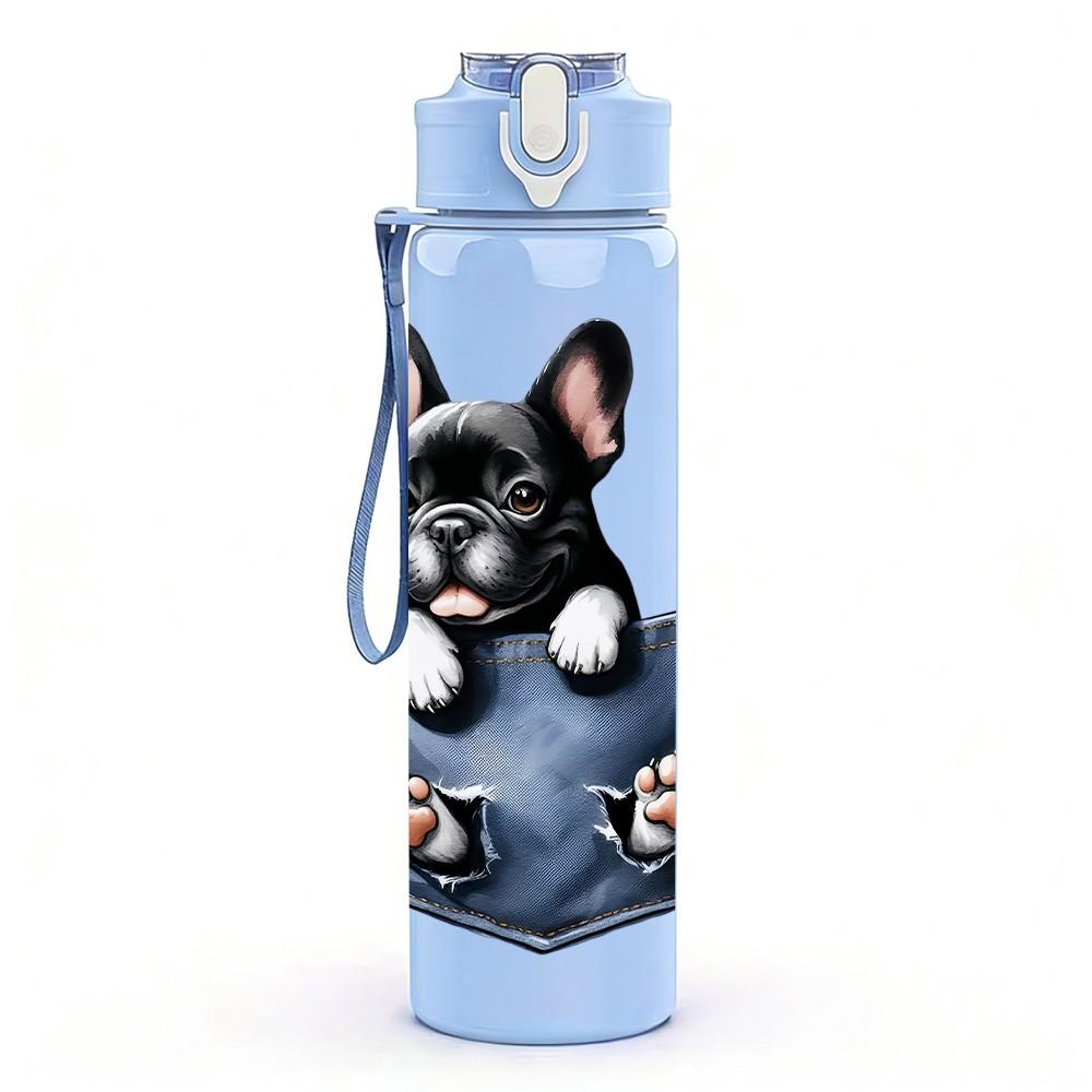 1PC French Bulldog Pocket Print 750ml Color Plastic Sports Water Bottle Leakproof Flip Straw Lid Suitable for Sports Office Home Use