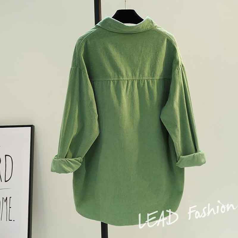 Grünes mittellanges Cordhemd im Casual-Stil für Damen, dickes Doppeltaschenhemd, Mantel, Strickjacke, Frühling und Sommer
