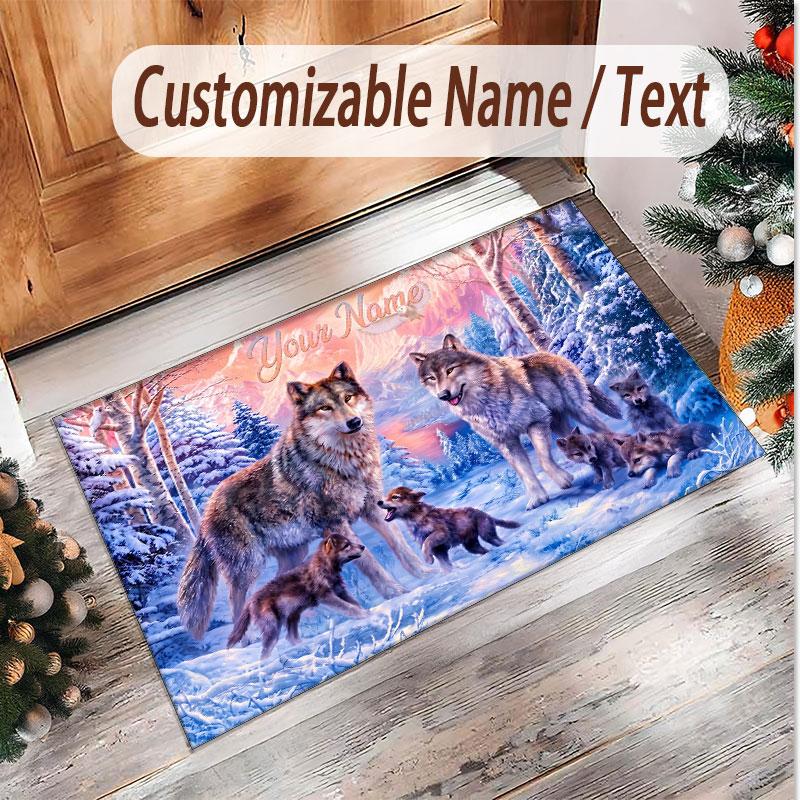 Wolf Theme Soft Crystal Velvet Rug Custom Name & Text Print Non Slip Floor Rug for Bedroom Living Room