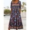 Sommer Neu Damen Rundhals Kurzarm Langes Kleid Bohemian Bedrucktes Maxikleid