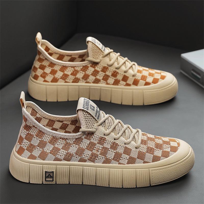Fashion Plaid Casual Sneakers for Men  Platform Breathable Flats Shoes for Men's Lace-up Khaki Shoes Color Matching Designer Sneakers