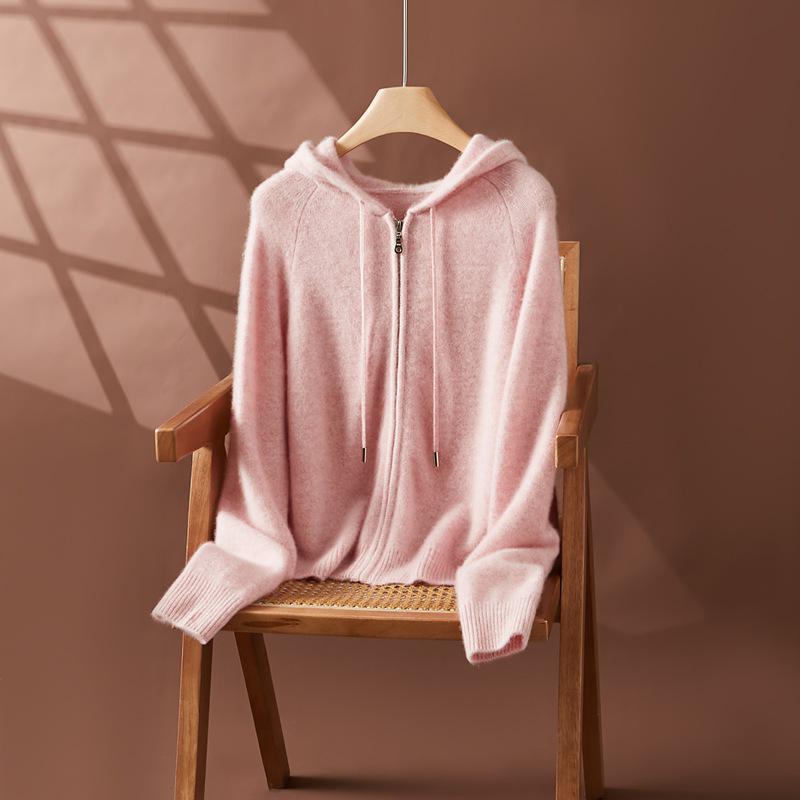 Women's Cashmere Hooded Double Zipper Cardigan - Solid Color, Warm, Stylish Autumn/Winter Jacket