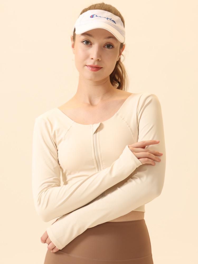 Damen Yoga Top mit Rückenausschnitt, langen Ärmeln, Frontreißverschluss und Brustpolstern - Schnelltrocknend, Enganliegend für Laufen und Fitness