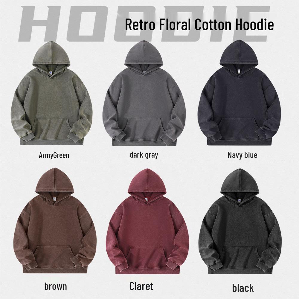 Women's Heavyweight Washed Hooded Sweatshirt, Loose Fit, Solid Color, No Drawstring, American Style, Long Sleeve, Versatile Base Layer