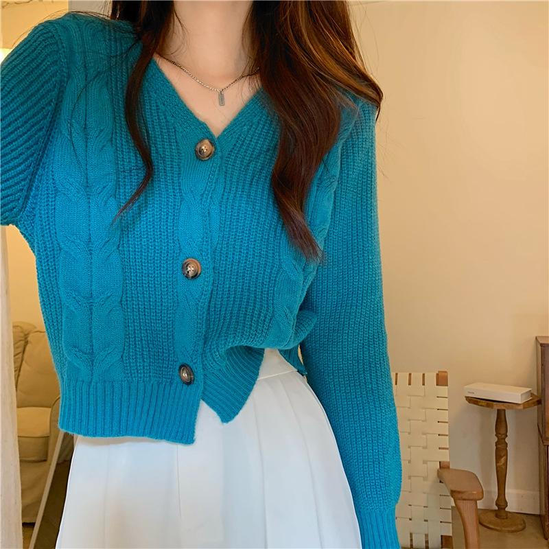 Lazy high-end short sweater women's autumn and winter twist milk fufu temperament thin V-neck jacket
