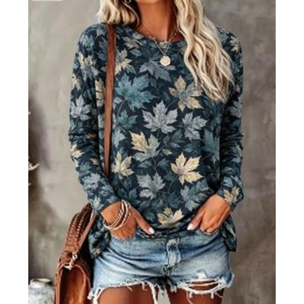 Women Long Sleeve T‑Shirt Autumn Maple Leaf Print Crew Neck Loose Fit Casual Fall Daily Blouse Tops