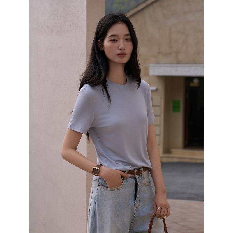 Tencel Modal Mulberry Silk Short-sleeved Women's Summer Round Neck Wool Outer Shirt Slim-fitting and Thin Versatile Bottoming Shirt