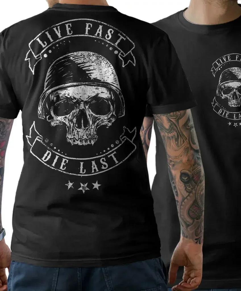 Top Biker Skull Live Fast Motorrad Chopper Oldschool Cotton Short-Sleeve T-Shirt Short Sleeves Cotton Custom T Shirt