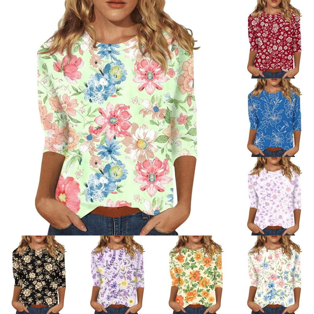 Women's Casual Floral Print Three Quarter Sleeve Top Round Neck Lightweight Comfortable Fit for Everyday Wear