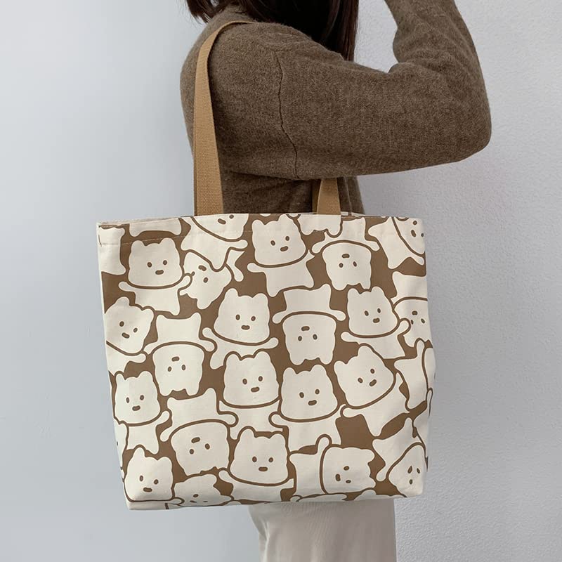Zabonchie Cute Canvas Tote Large Shoulder School Outing Zippered Bag, Capacity, Bag, Bag, Bag, (Cartoon Bear)