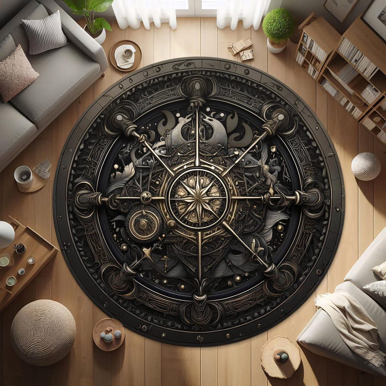 

Viking Compass Rug - Gothic Round Vegvisir Mat, Norse Mythology Decor for Bedroom, Living Room, Witchy Scandinavian Home diameter 90cm