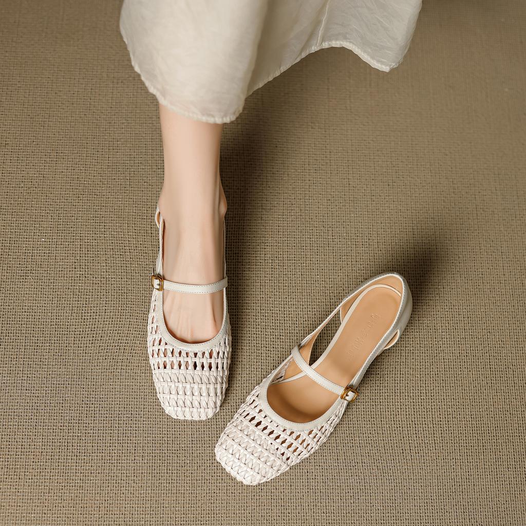 French Retro Soft Leather Square Head Woven Hollowed Mary Jane Shoes Women's 2025 New Middle Heel One-word Strap Single Shoes Women