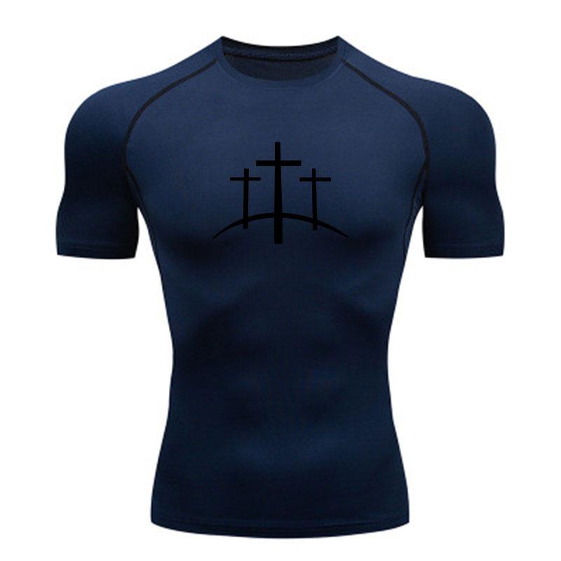 Men's Compression Fitness Sports T-Shirt, Three Calvary Cross Print Quick Dry Breathable Athletic Workout Tee for Running Training Gym Activewear