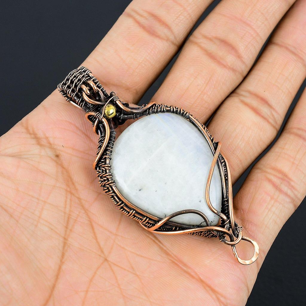 Rainbow Moonstone Pendant Gemstone Jewelry, 999 Copper Wire Wrapped Pendant, Handmade Beautiful Jewelry Pendant