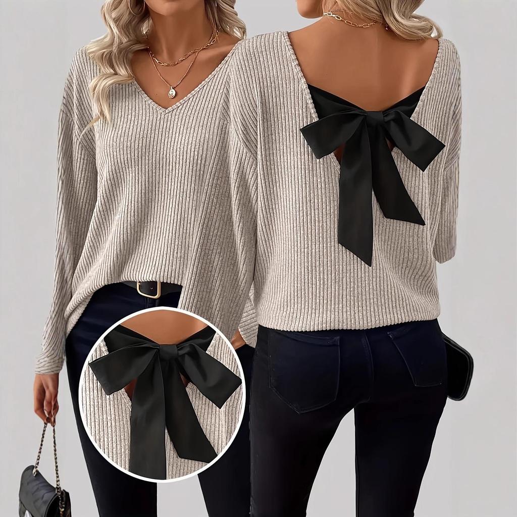 2025 Women's V-neck Solid Color Sweater: European & American Style, Autumn Long Sleeve, Casual Loose Fit with Bowknot