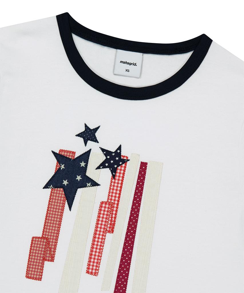 MAHAGRID Flag Applique Ringer Crop Tee White(Mg2Gmft513A)