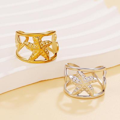 Stainless Steel Hollow Starfish Adjustable Ring - Beach Resort Style Jewelry for Women