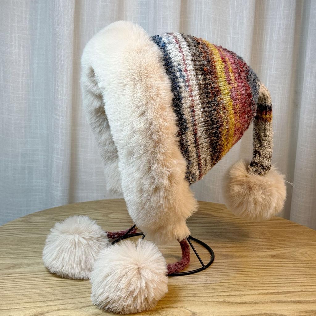 Rainbow Knitted Ethnic Style Ear Protection Hat for Women In Autumn and Winter Fur Ball Cute Plus Velvet Warm Lei Feng Hat Versatile Pullover Hat