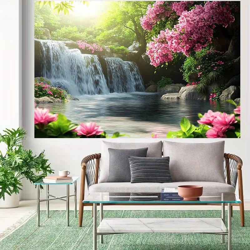 2D Serene Forest Waterfall Backdrop Blooming Nature Photography Background