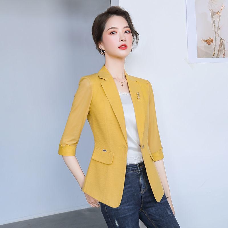 Thin Spring Summer Office Lady Fashion Notched Business Casual Pocket Solid Skinny Simple Three Quarter Sleeve Women's Clothing