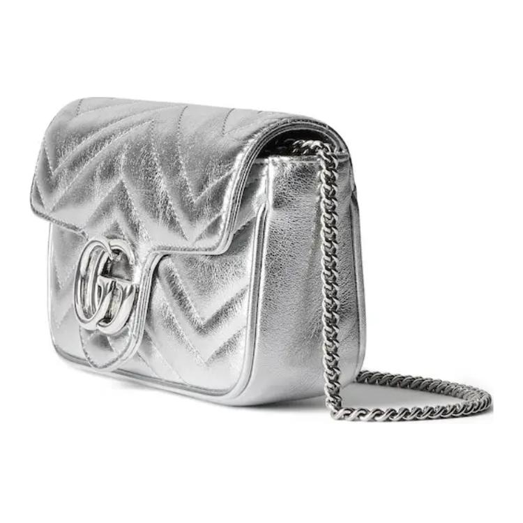 Gucci GG Marmont Silver Metallic Leather Chevron Quilted Mini Chain Crossbody Bag For Women Daily Use