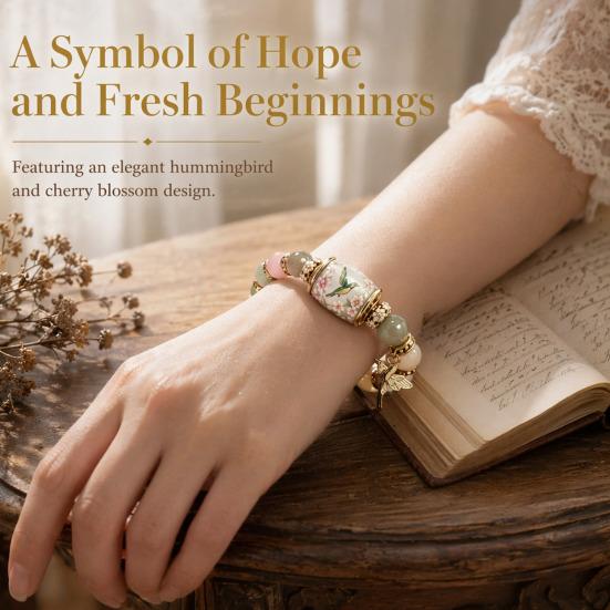 Bluebird Blessings Bracelet, Inspirational Hummingbird Strength Beaded Bracelet, Green Beads Cherry Blossoms Inspirational Jewelry for Women Spring