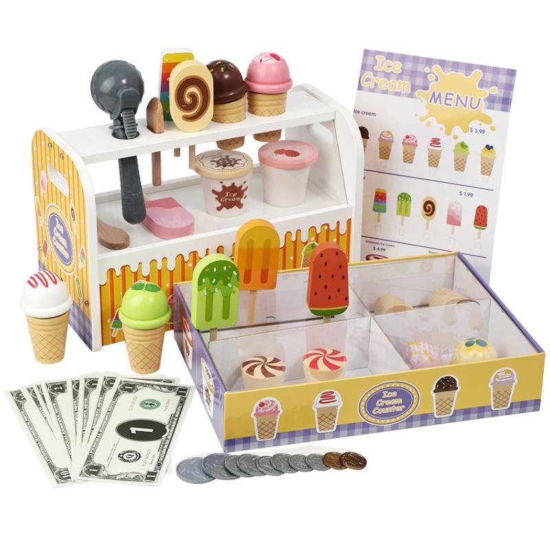 Wooden Ice Cream Counter Playset Montessori Pretend Play Kitchen Food Toys for Kids
