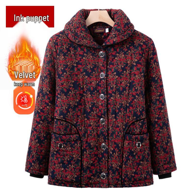 Moou Women's Thickened Fleece-Lined Lapel Jacket for Elderly