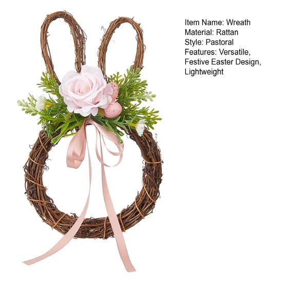Easter Bunny Wreath with Faux Flowers Rattan Wall Door Hanging Decor for Spring Festival Indoor