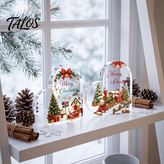 Romantic Christmas Gifts Heart Shaped Acrylic Tabletop Sign, 2D Winter Snow Scene Desktop Ornament Holiday Centerpieces with Santa, Snowman