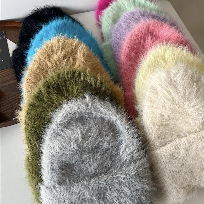 Women Winter Soft Faux Mink Fur Knitted Beanie, Japanese & Korean Style Warm Thick Cashmere-Like Rolled Edge Hat, Cozy Fluffy Purple Knit Cap