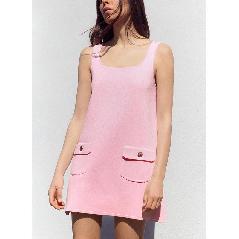 Spring and Summer New Women's Clothing Flip Stickers Pocket Decoration Short Sleeveless Square Collar Spaghetti Straps Knitted Dress 4192054