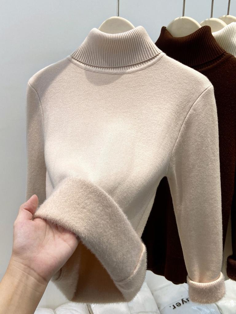 Autumn and winter new semi-turtleneck fleece sweater bottoming shirt women's integrated fleece thickened, warm and slim, knitted inside
