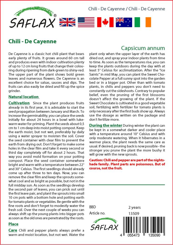 SAFLAX Garden In the Bag - Chili - De Cayenne - 20 Seeds - With Substrate In a Fitting Stand Up Bag - Capsicum Annum