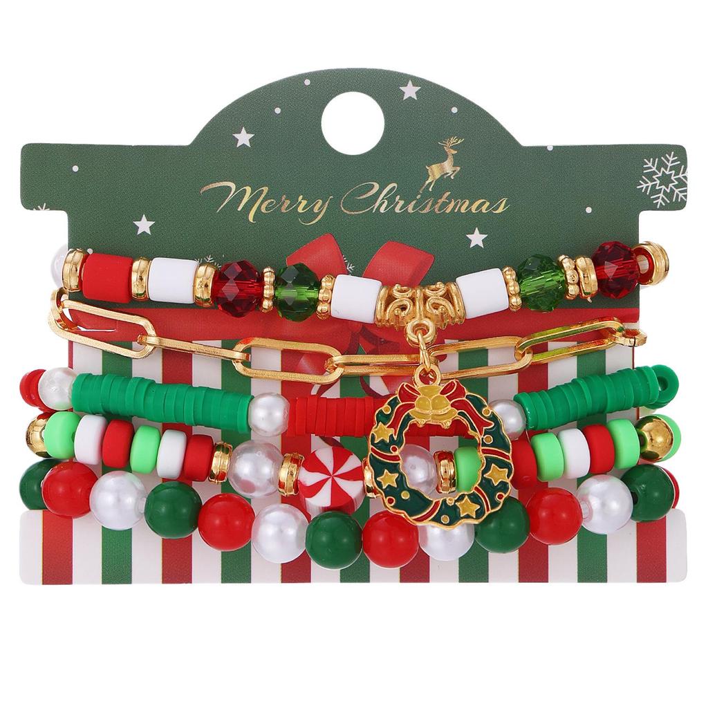Christmas Reindeer Bell Alloy Bracelet Set with Colorful Polymer Clay for Women