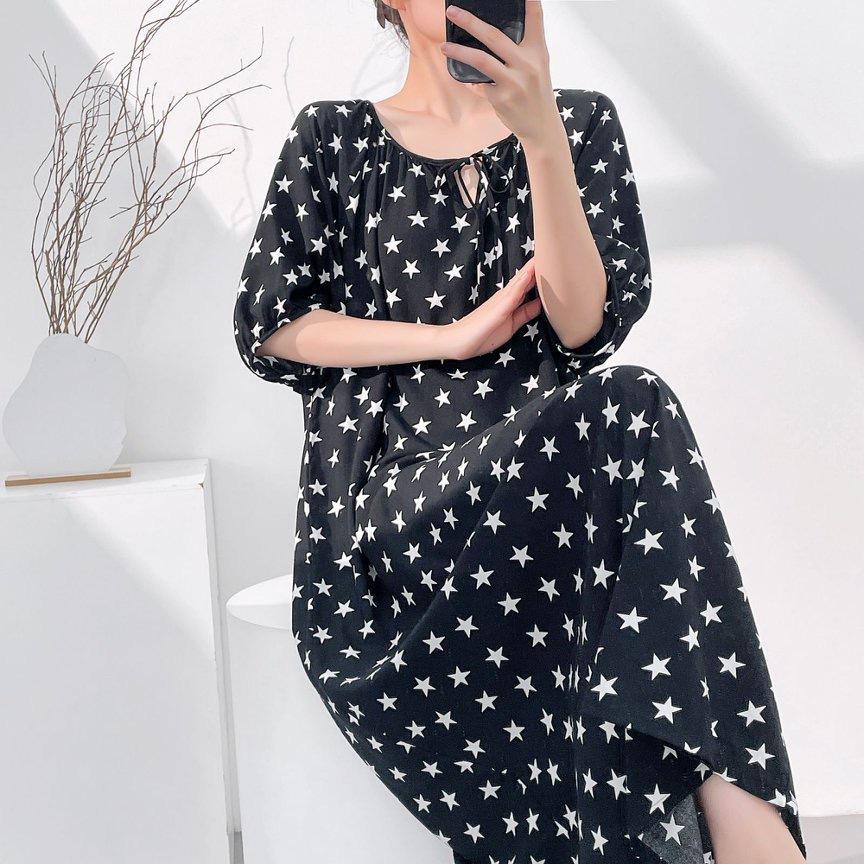 1011 new cotton silk nightdress women's spring thin high-end sweet wind printing knee-length skirt can be worn outside