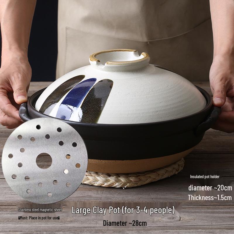 Japanse Keramische Kleipot: Multi-Use Stoofpot, Rijstkoker, Gas- en Inductiekookplaat - Kleine Maat Steen en Platte Pan voor Soepen.
