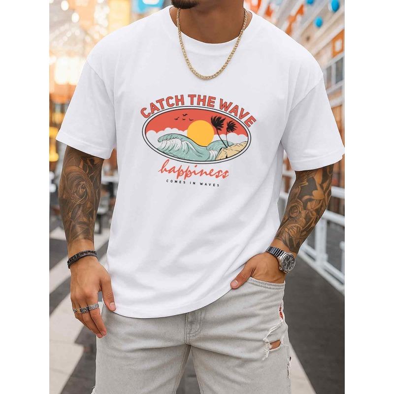 

European sizes Men Surfing Happiness T-Shirt - Themed Short Sleeve Crew Neck Shirt with Surfboard Print, Breathable Fabric 4XL білий