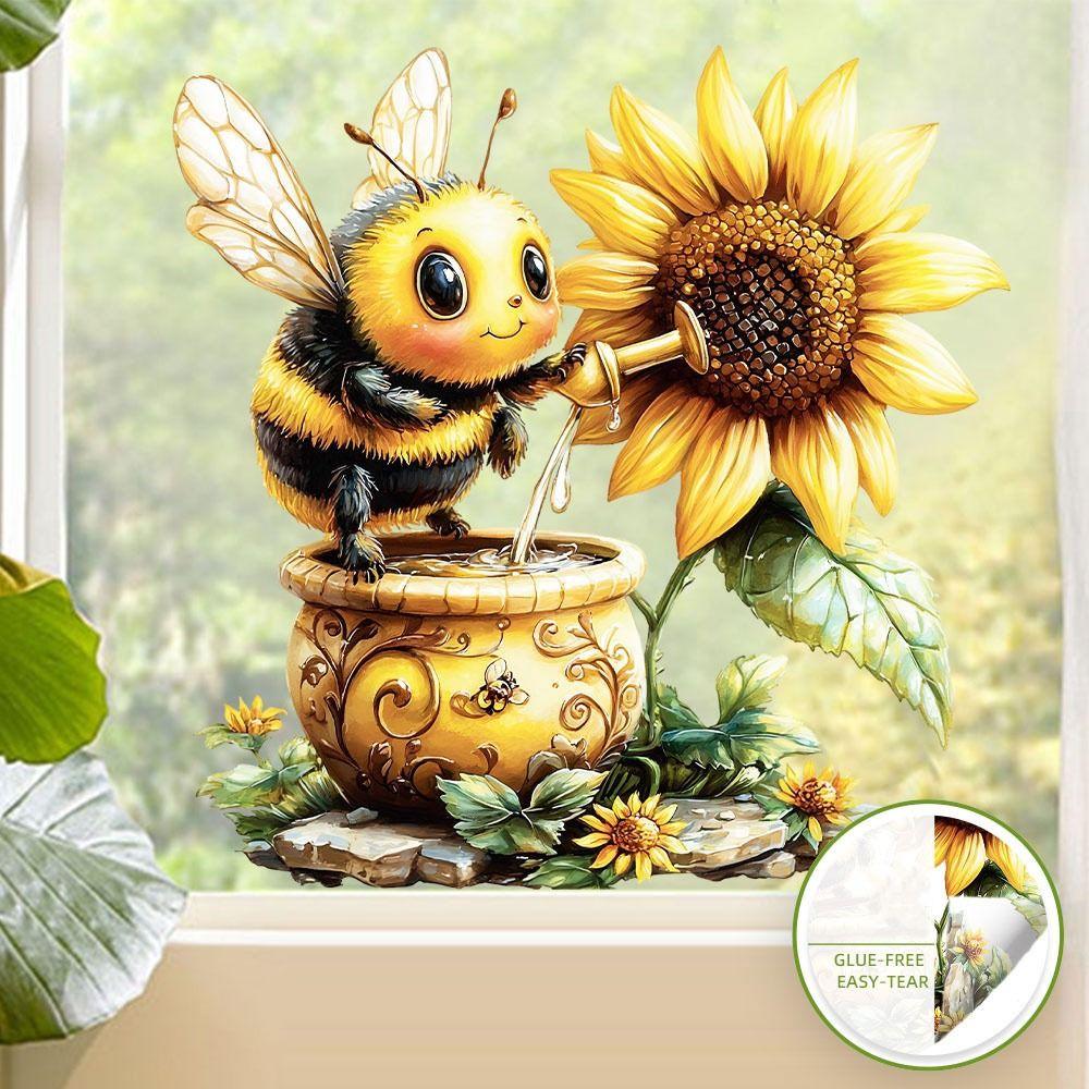 Cartoon Bee Sunflower Decorative Sticker Removable Waterproof Static Stickers Double Sides Reusable Electrostatic Decals