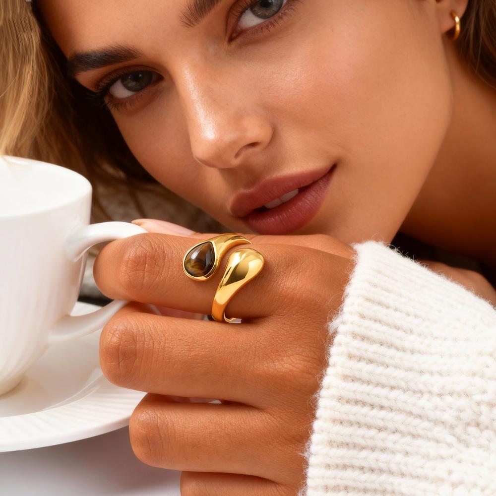 

18K Gold Plated Brown Tiger Eye Natural Stone Water Drop Statement Open Ring,Vintage Boho Jewelry for Women US Ring Size 07