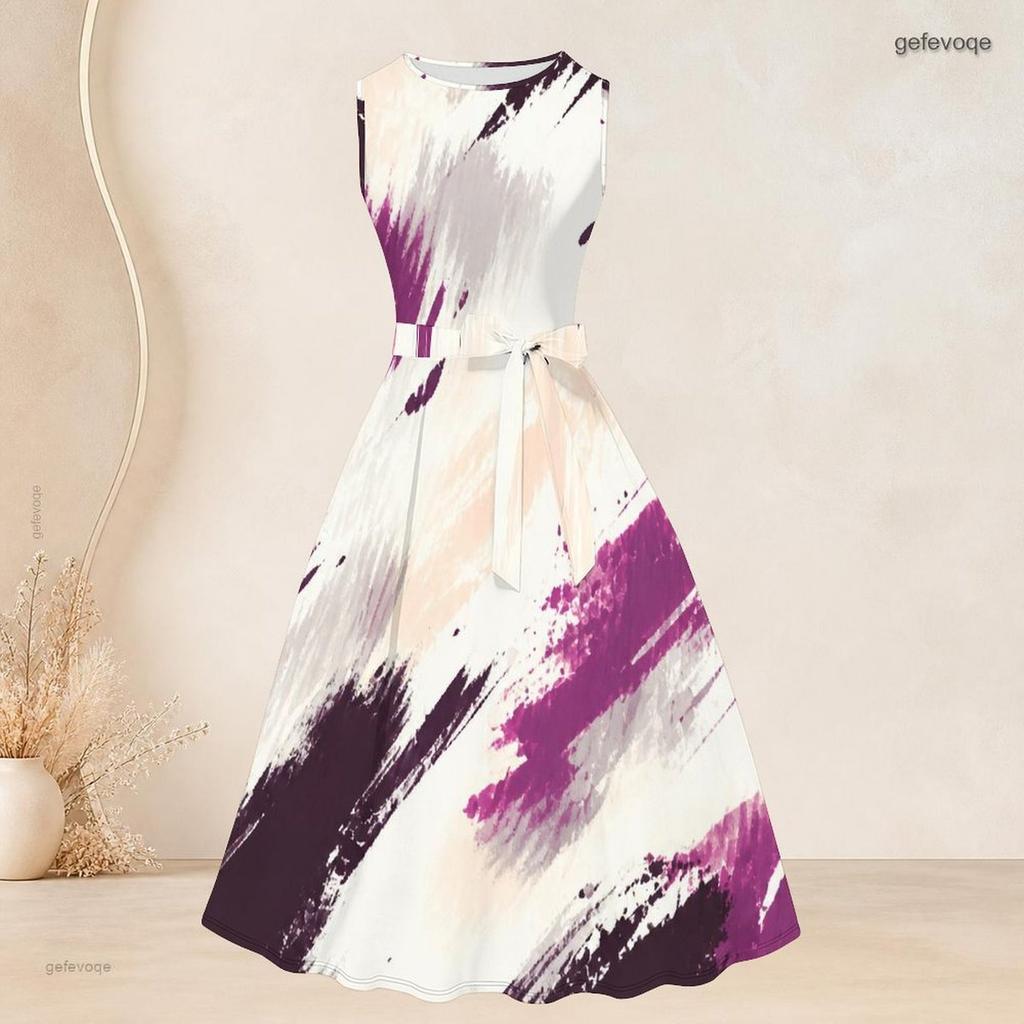 Women Plus Size Blue Marble Printed Two Piece Set Sleeveless Tie Waist Flared Dress Three Quarter Sleeve Cardigan