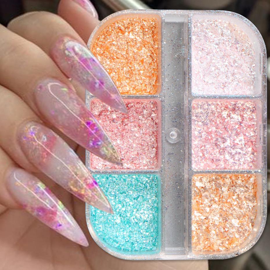 

6 Grids Nail Glitter Aurora Mirror Powder Pearl Shell Rubbing Pigment Soap Sparkly Charm Nails Art Design