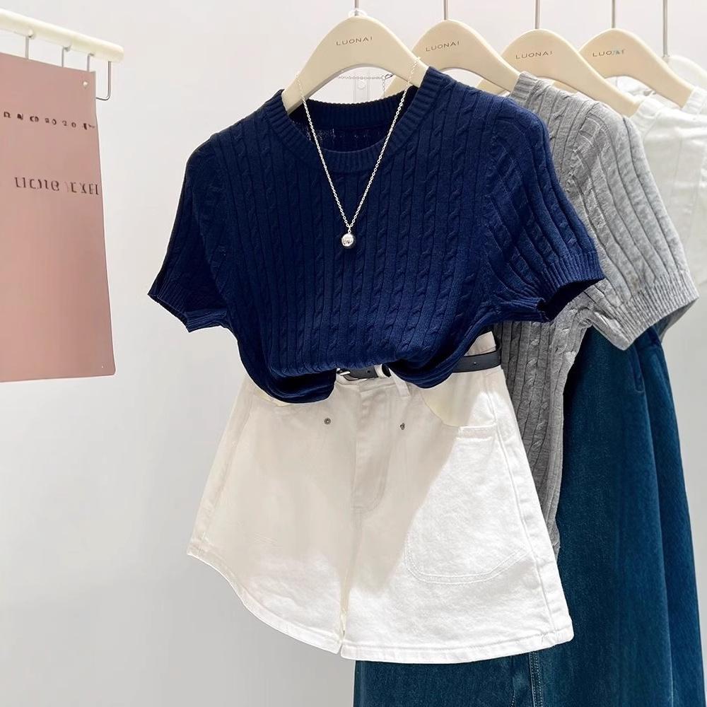 

Women s Exquisite Blue Cable Knit Slim Fit T-shirt - Short Sleeve Summer Top M