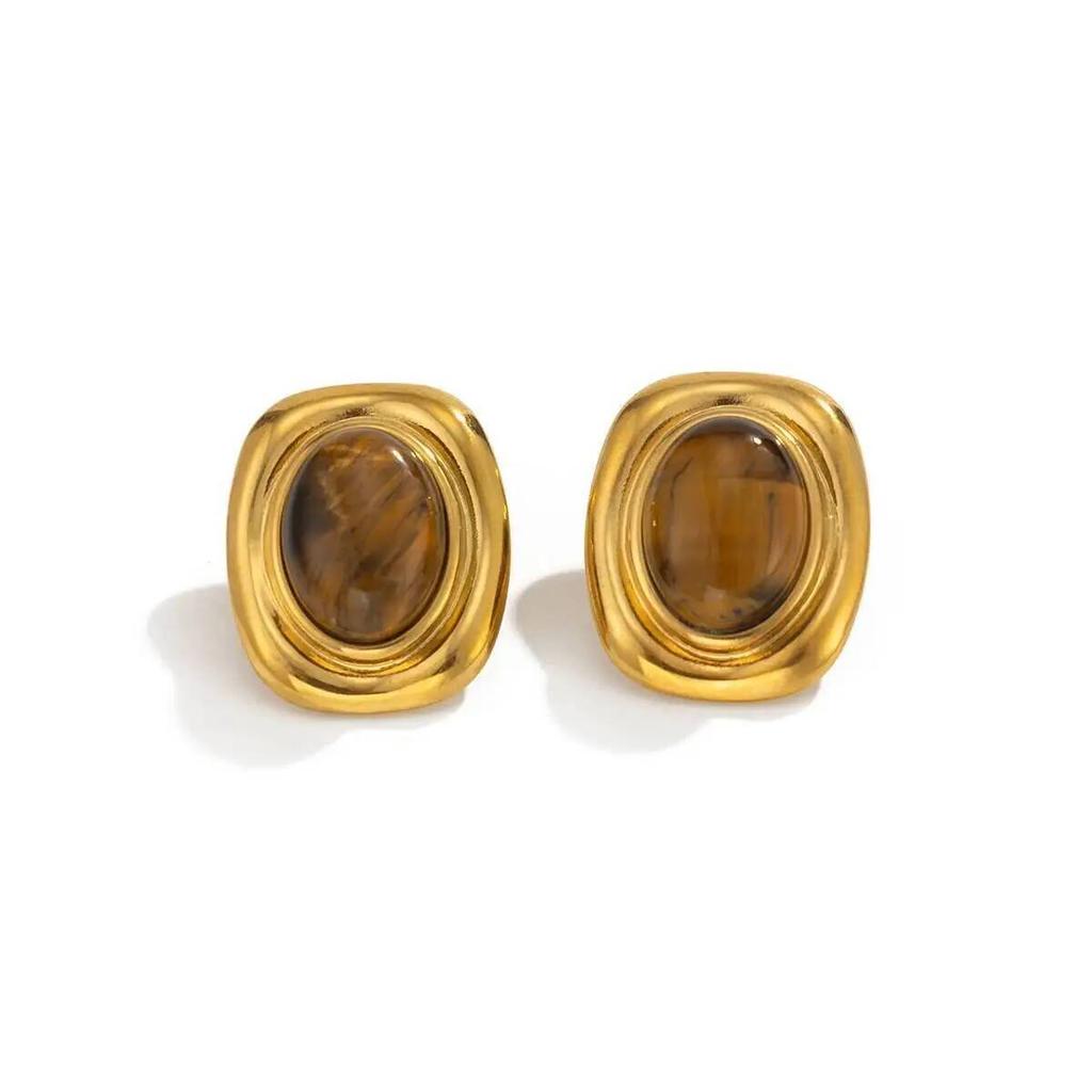 IngeSight.Z Classic Retro 18K Gold Plated Stainless Steel Stud Earrings Women Fashion Natural Stone Square Geometric Ear Jewelry